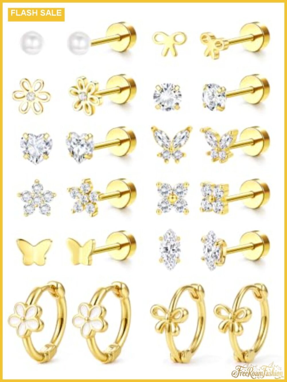 12 Pair Hypoallergenic Surgical Steel Flat Back Earrings with Screw Back